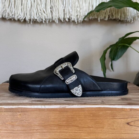 Steve Madden Ledger Black Leather Silver Western Buckle Slip On Mule Size 9.5 - Picture 4 of 15